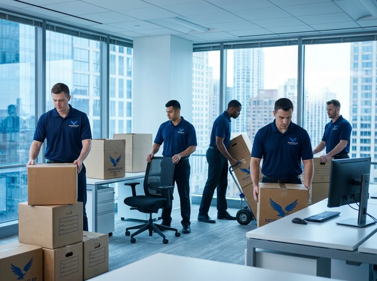 Seven Eagles crew in branded polos organizing labeled boxes inside a modern office space
