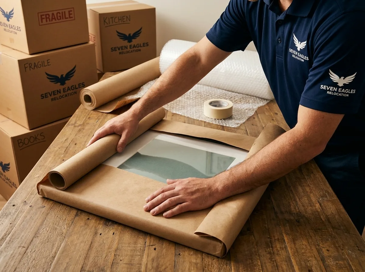 Seven Eagles mover wrapping a glass picture frame with protective paper on a wooden table