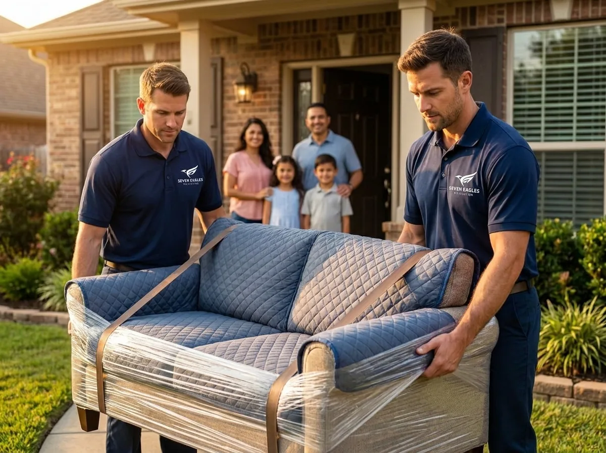 Two Seven Eagles movers in navy polos carrying a wrapped sofa out of a suburban home while a family watches